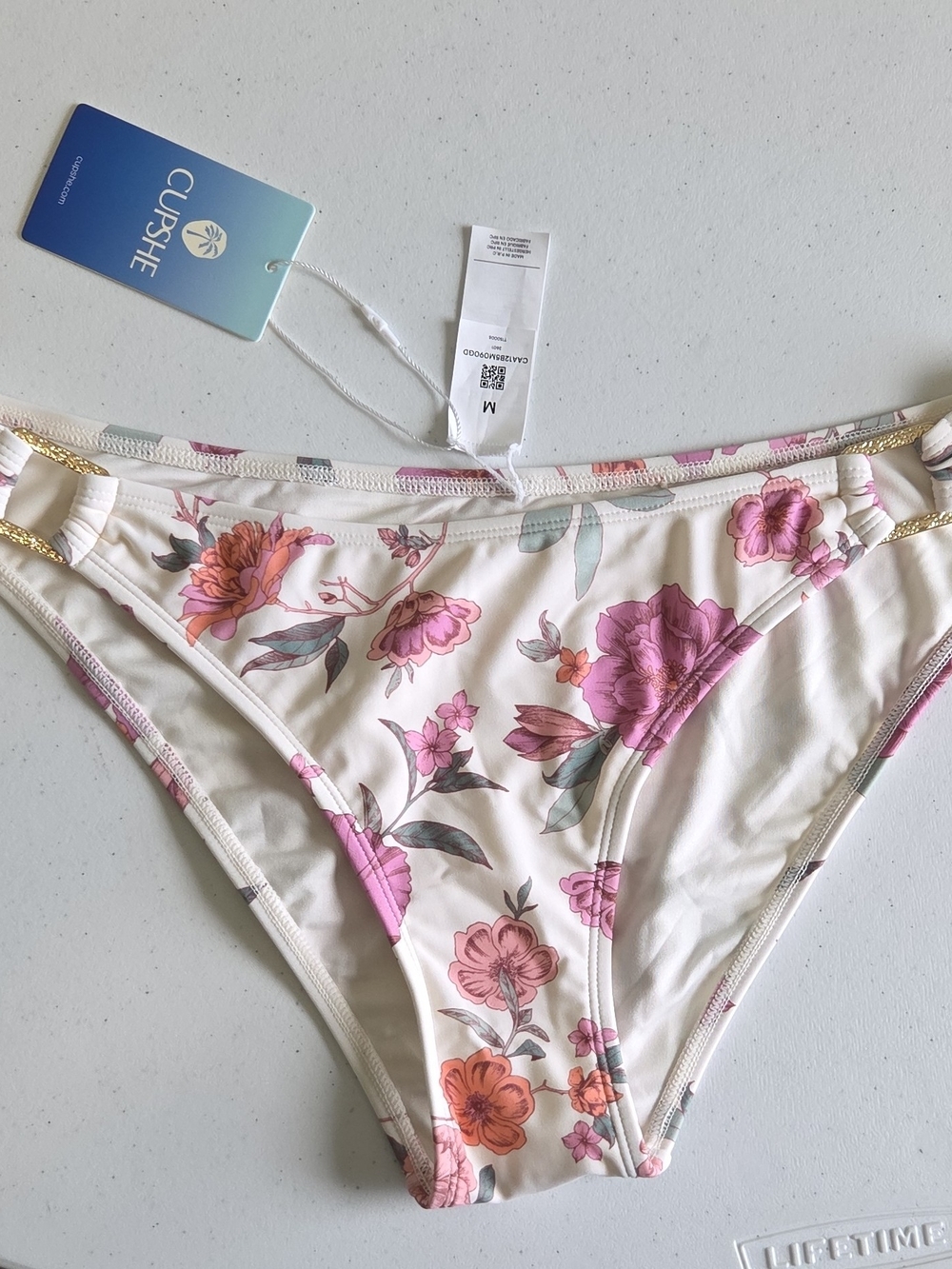CupShe Women's Bikini Bottom Floral Cream & Pink With Gold Accent Hipster M